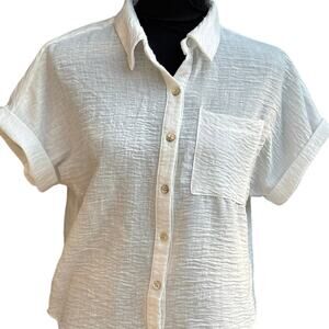 Monteau Los Angeles Sz Med Womens White Linen with Pearl Buttons Shirt